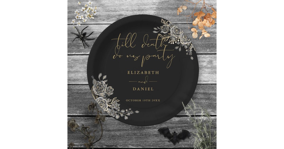 Black And Gold Roses Floral Gothic Wedding Paper Plates | Zazzle