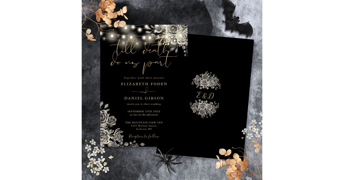 Black And Gold Roses Floral Lights Gothic Wedding Invitation | Zazzle