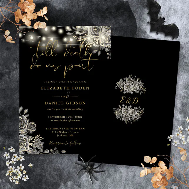 Black And Gold Roses Floral Lights Gothic Wedding Invitation | Zazzle