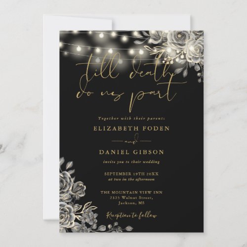 Black And Gold Roses Floral Lights Gothic Wedding Invitation
