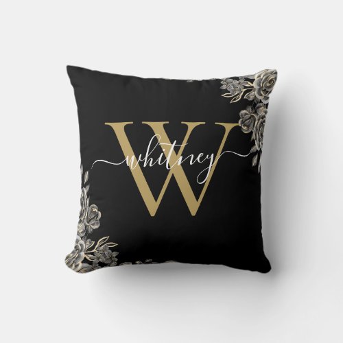Black and Gold Roses Floral Monogram Script Name   Throw Pillow