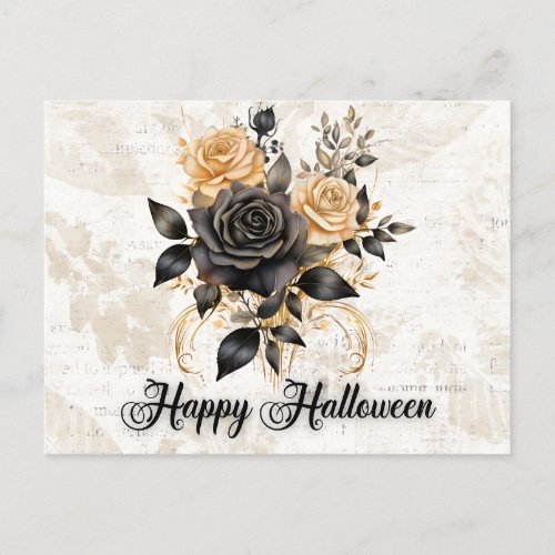 Black and Gold Roses Leaves Foliage Halloween Holiday Postcard