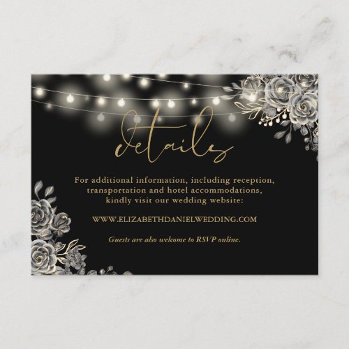 Black And Gold Roses Lights Gothic Wedding Details Enclosure Card