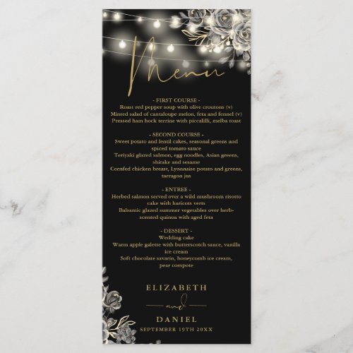 Black And Gold Roses Lights Gothic Wedding Dinner Menu