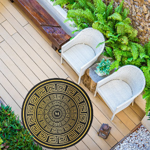 Black and Gold Round Greek Key Custom Monogram Outdoor Rug