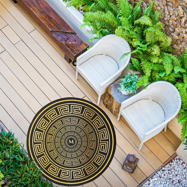 Black and Gold Round Greek Key Custom Monogram Outdoor Rug (Creator Uploaded)
