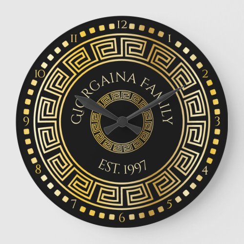 Black and Gold Round Greek Key Custom Name Large Clock