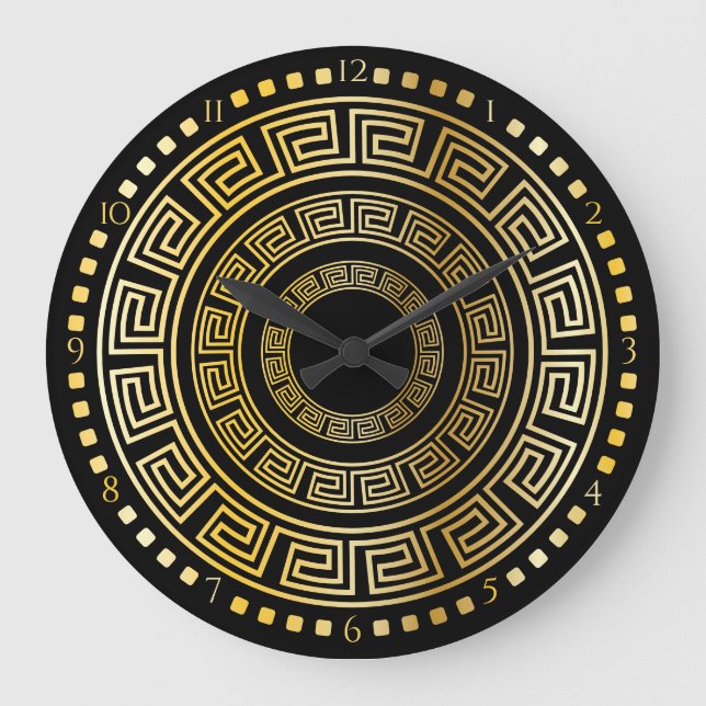 Black and Gold Round Greek Key Large Clock (Front)