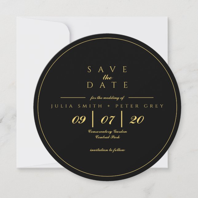 Black and Gold round save the date invitation (Front)