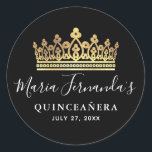 Black and Gold Royal Crown Elegant Quinceanera Classic Round Sticker<br><div class="desc">Create your own custom elegant royal black and gold stickers personalized for your special event! The luxurious design on these unique modern template stickers depict a floral gold princess crown/floral tiara over a rich black background. Use them for a royal wedding, 15th birthday party, sweet 16 celebration, a black and...</div>