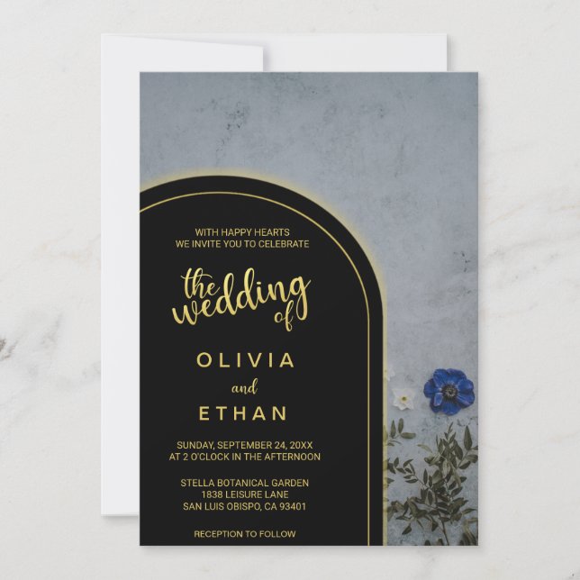 Black and gold rustic blue rose Wedding Invitation (Front)