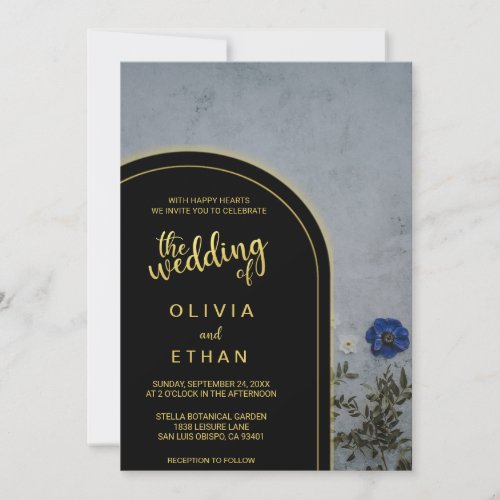 Black and gold rustic blue rose Wedding Invitation