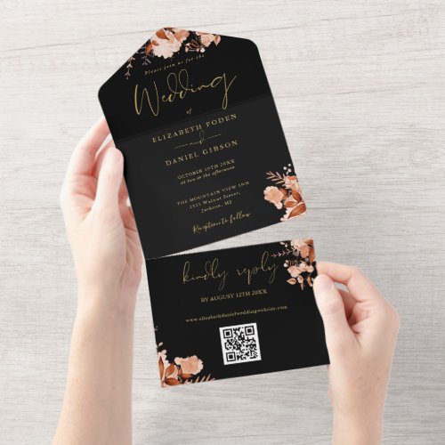 Black And Gold Rustic Floral QR Code Fall Wedding All In One Invitation