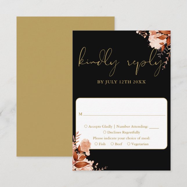 Black And Gold Rustic Floral Wedding RSVP Card (Front/Back)