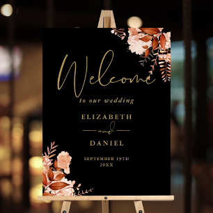 Black And Gold Rustic Floral Wedding Welcome Sign