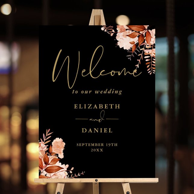 Black And Gold Rustic Floral Wedding Welcome Sign (Black And Gold Rustic Floral Wedding Welcome Sign)