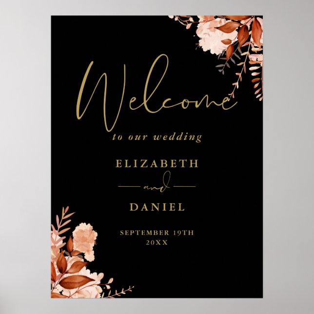 Black And Gold Rustic Floral Wedding Welcome Sign (Front)