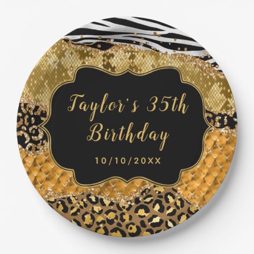 Black and Gold Safari Agate Birthday Paper Plates