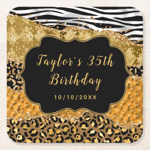 Black and Gold Safari Agate Birthday Square Paper Coaster