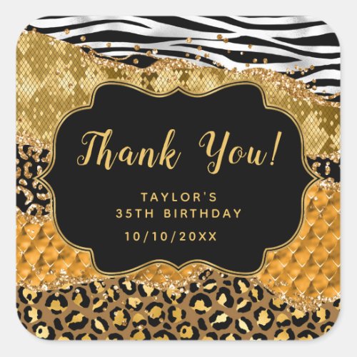 Black and Gold Safari Agate Birthday Thank You Square Sticker