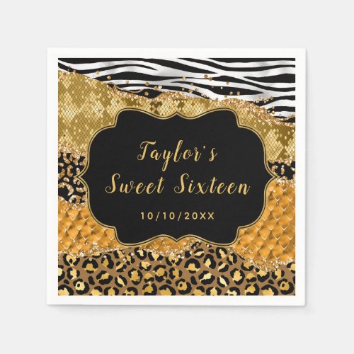 Black and Gold Safari Agate Sweet Sixteen Napkins
