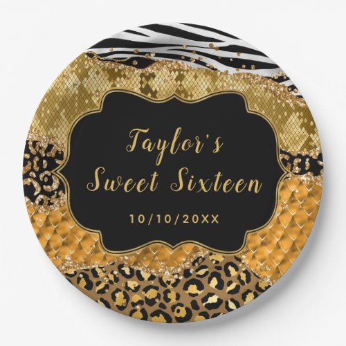 Black and Gold Safari Agate Sweet Sixteen Paper Plates