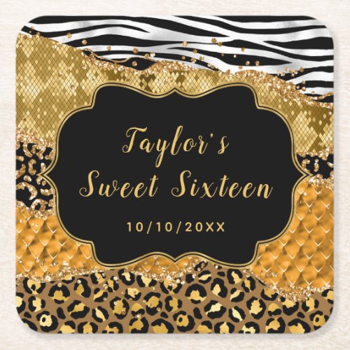 Black and Gold Safari Agate Sweet Sixteen Square Paper Coaster