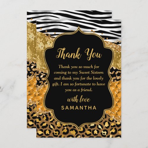 Black and Gold Safari Agate Sweet Sixteen Thank You Card