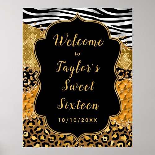 Black and Gold Safari Agate Sweet Sixteen Welcome Poster
