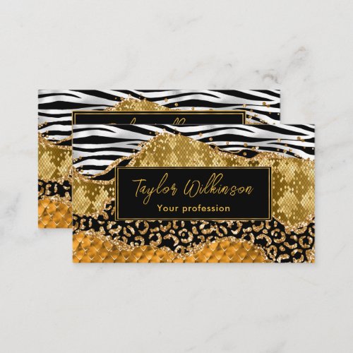 Black and Gold Safari Animal Print Agate Business Card