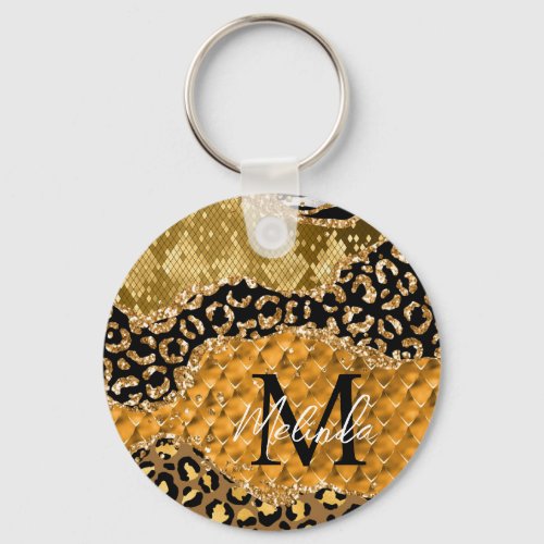 Black and Gold Safari Animal Print Agate Keychain