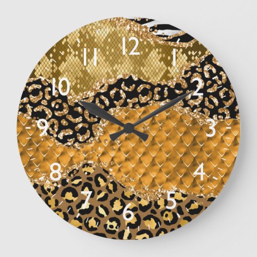 Black and Gold Safari Animal Print Agate Large Clock