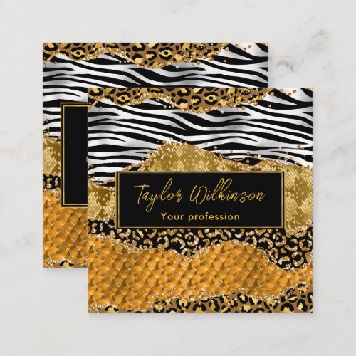 Black and Gold Safari Animal Print Agate Square Business Card