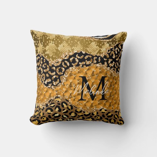 Black and Gold Safari Animal Print Agate Throw Pillow