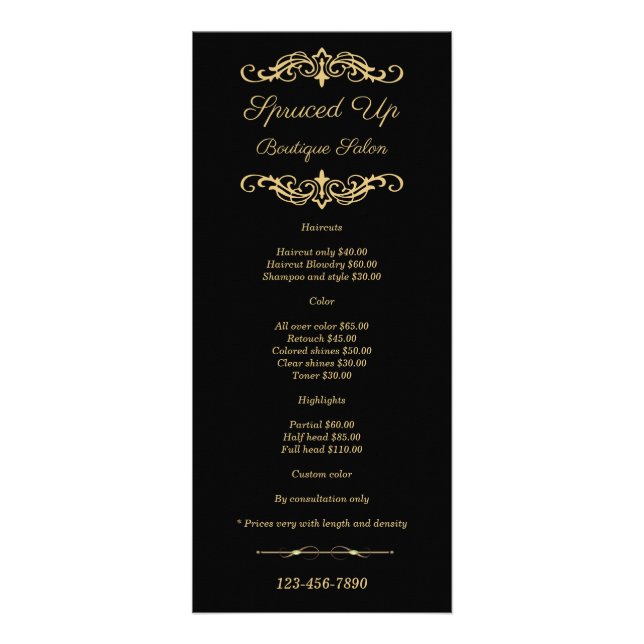 Black and Gold Salon Rack Pricing Business Cards (Front)