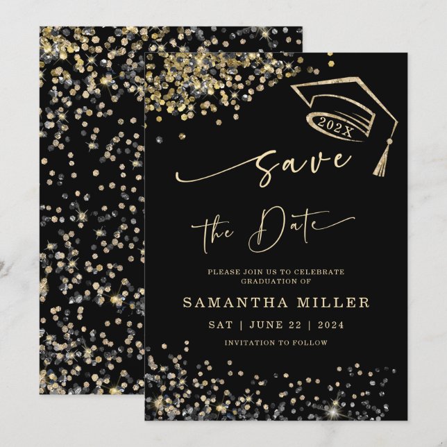 Black and Gold Save the Date Graduation Invitation (Front/Back)