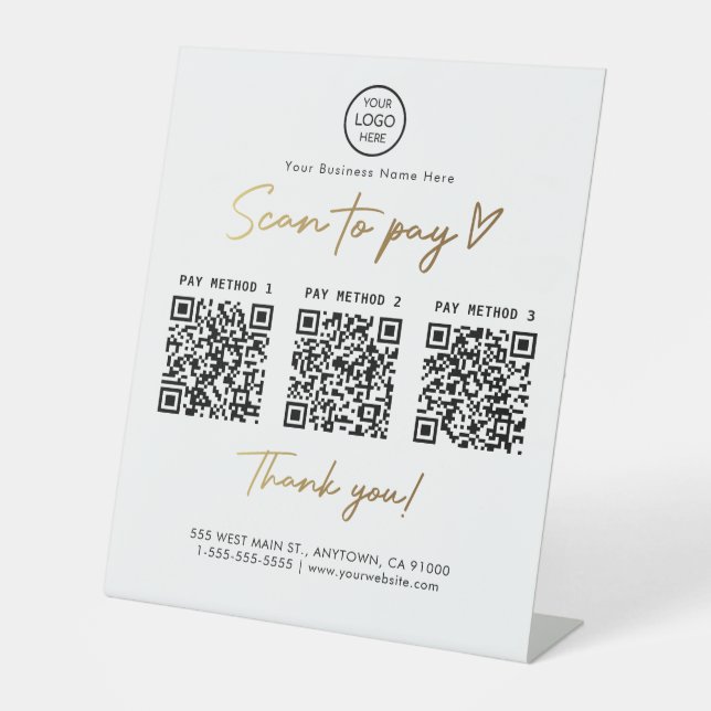 Black and Gold Scan to Pay 3 Qr Code Payment Links Pedestal Sign (Front)