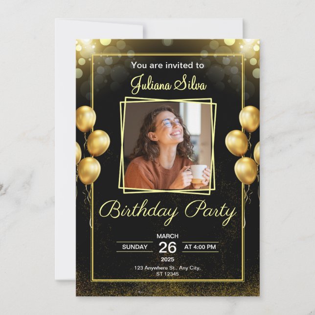 Black and Gold Scribbles Birthday Party Invitation (Front)