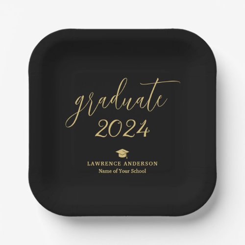 Black and Gold Script 2024 Graduate Graduation Paper Plates