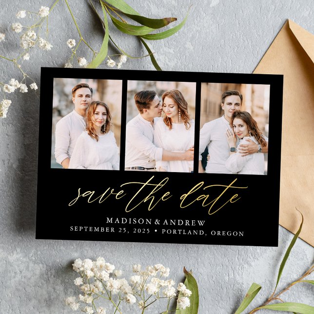 Black and Gold Script 3 Photo Save the Date Foil Invitation (Creator Uploaded)