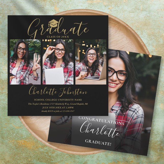 Black And Gold Script 4 Photo Graduation Party Inv Invitation (Creator Uploaded)
