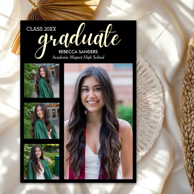 Black and Gold Script 4 photos Graduated for Her Foil Invitation (Creator Uploaded)