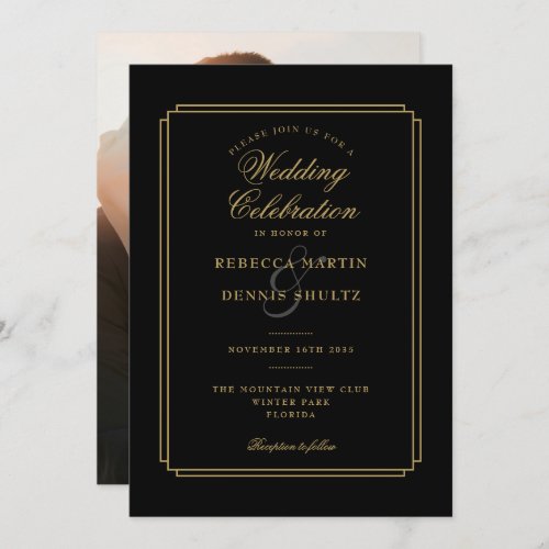 Black and Gold Script Art Deco Photo Wedding Invitation