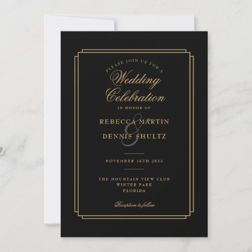 Black and Gold Script Art Deco Wedding Invitation