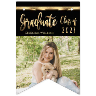 Black and Gold Script Class of 2021 Graduation Bunting Flags
