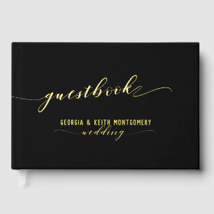 Black And Gold Script Elegant Wedding  Foil Guest Book