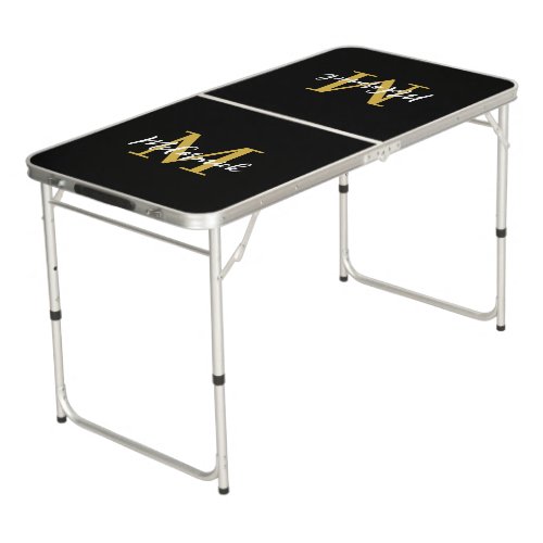 Black And Gold Script Family Monogram Name Beer Pong Table