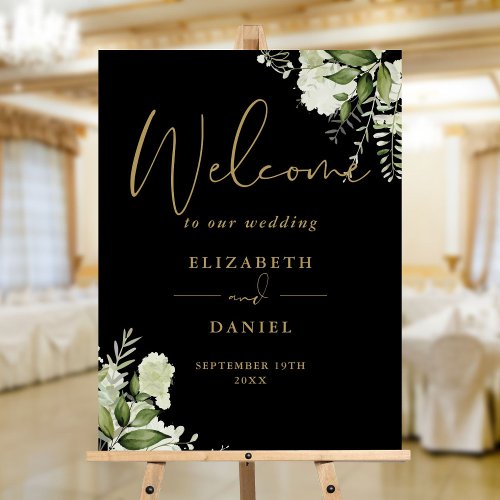 Black And Gold Script Floral Wedding Welcome Sign