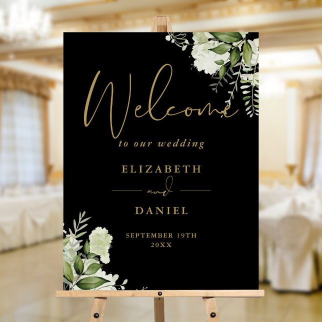 Black And Gold Script Floral Wedding Welcome Sign (Black And Gold Script Floral Wedding Welcome Sign)