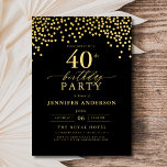 Black And Gold Script Forty 40th Birthday Invitation<br><div class="desc">Set the stage for an elegant celebration with a Black and Gold Script Birthday Invitation! Featuring luxurious gold script on a sleek black background, this design exudes sophistication and timeless charm. Perfect for milestone birthdays or any stylish event, it effortlessly combines classic elegance with modern flair. Whether it’s a grand...</div>